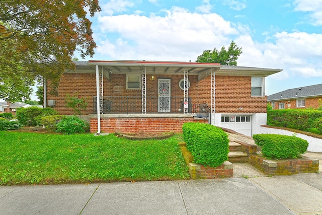 169-04 69th Ave, Fresh Meadows, NY 11365 - view of front facade with a garage, a porch, brick siding, and a front lawn