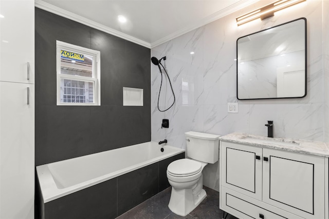 22019 135th Ave, Addisleigh Park, NY 11413 - bathroom with tile walls, vanity, bathing tub / shower combination, and ornamental molding