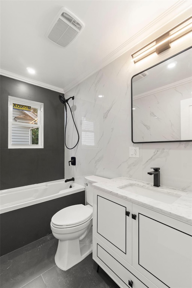 22019 135th Ave, Addisleigh Park, NY 11413 - full bathroom featuring vanity, ornamental molding, tile walls, and shower / bath combination