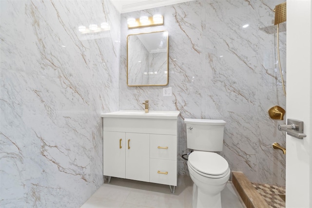 22019 135th Ave, Addisleigh Park, NY 11413 - full bathroom with vanity, a marble finish shower, and tile patterned flooring