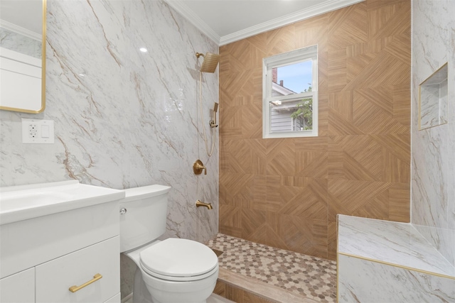 22019 135th Ave, Addisleigh Park, NY 11413 - bathroom with a tile shower, vanity, and crown molding