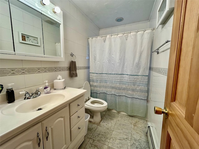 166 W 2nd St, West Islip, NY 11795 - bathroom featuring baseboard heating, vanity, a shower with shower curtain, and tile walls