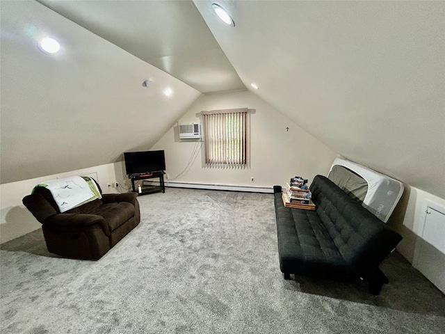 166 W 2nd St, West Islip, NY 11795 - living area with carpet floors, baseboard heating, vaulted ceiling, recessed lighting, and a wall mounted air conditioner