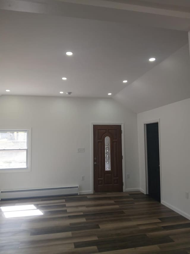 6 Hillcrest Trl, Monroe, NY 10950 - entrance foyer featuring a baseboard heating unit, wood finished floors, vaulted ceiling, and recessed lighting