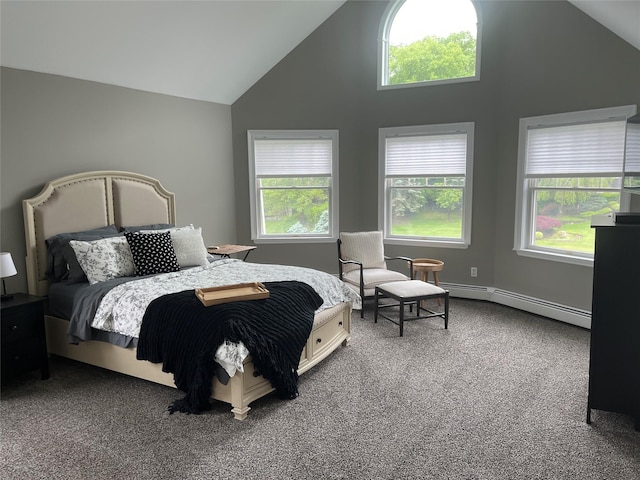 5 Odell Dr, Stony Point, NY 10980 - carpeted bedroom with high vaulted ceiling, a baseboard radiator, and multiple windows