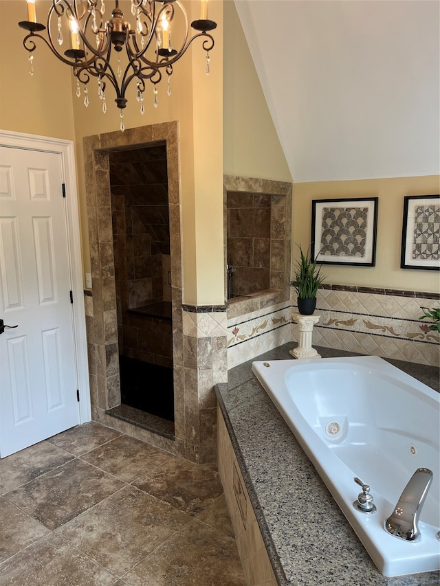 5 Odell Dr, Stony Point, NY 10980 - full bath featuring tile walls, a jetted tub, a chandelier, a tile shower, and lofted ceiling