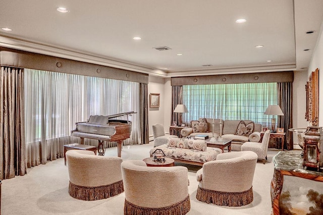 14 Pine Dr, Woodbury, NY 11797 - living room featuring recessed lighting, ornamental molding, and carpet floors