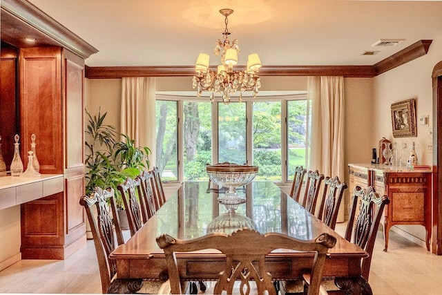 14 Pine Dr, Woodbury, NY 11797 - dining area with a chandelier, ornamental molding, and light tile patterned flooring