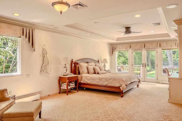 14 Pine Dr, Woodbury, NY 11797 - bedroom with access to exterior, a tray ceiling, light carpet, ornamental molding, and baseboard heating