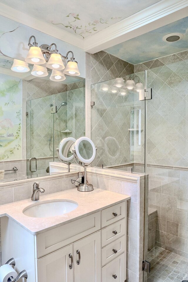14 Pine Dr, Woodbury, NY 11797 - full bath featuring tile walls, vanity, and a shower stall