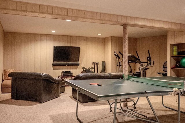 14 Pine Dr, Woodbury, NY 11797 - recreation room featuring wooden walls and carpet