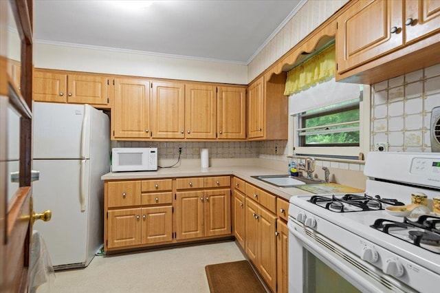241 Hampton St, East Hampton, NY 11963 - kitchen with white appliances, light countertops, ornamental molding, and tasteful backsplash