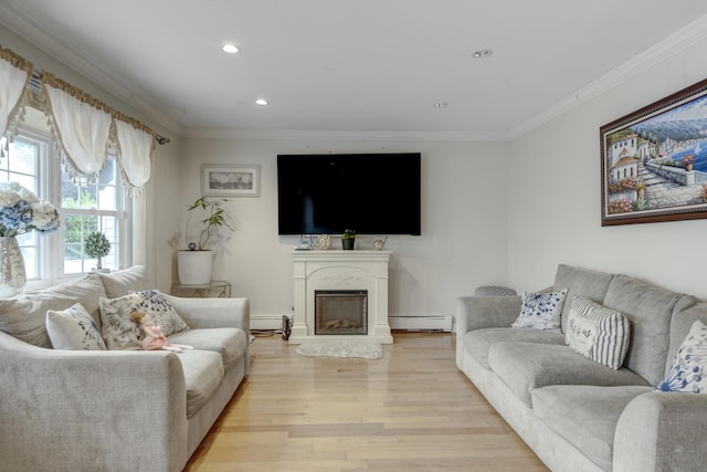 1464 Potter Blvd, Bay Shore, NY 11706 - living area with a baseboard heating unit, ornamental molding, light wood-type flooring, a fireplace with raised hearth, and recessed lighting