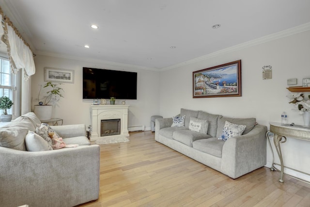 1464 Potter Blvd, Bay Shore, NY 11706 - living area featuring a baseboard heating unit, ornamental molding, light wood finished floors, a fireplace with raised hearth, and recessed lighting