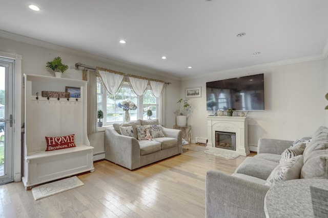 1464 Potter Blvd, Bay Shore, NY 11706 - living room featuring ornamental molding, a baseboard radiator, light wood-style floors, a glass covered fireplace, and recessed lighting
