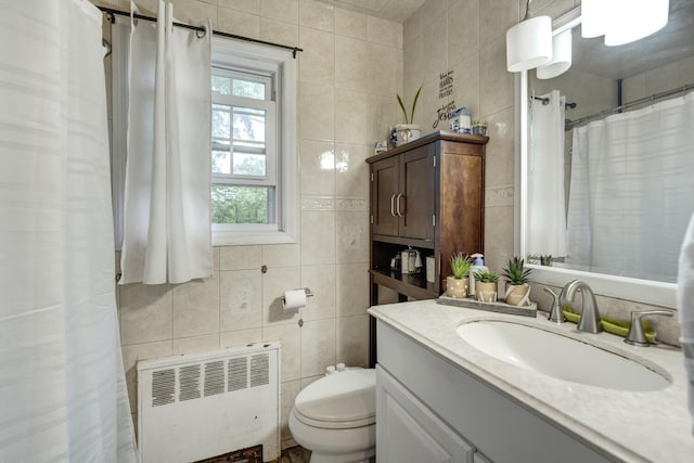 1464 Potter Blvd, Bay Shore, NY 11706 - bathroom featuring radiator heating unit, tile walls, vanity, and a shower with shower curtain