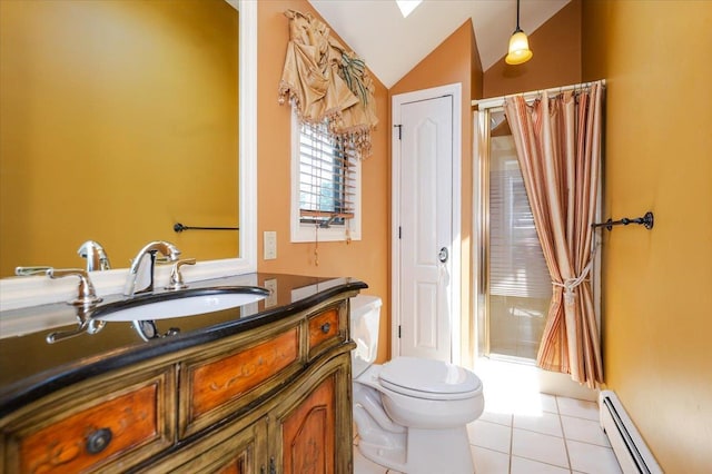 403 S 1st St, Lindenhurst, NY 11757 - bathroom with baseboard heating, vanity, lofted ceiling, tile patterned flooring, and a shower with shower curtain
