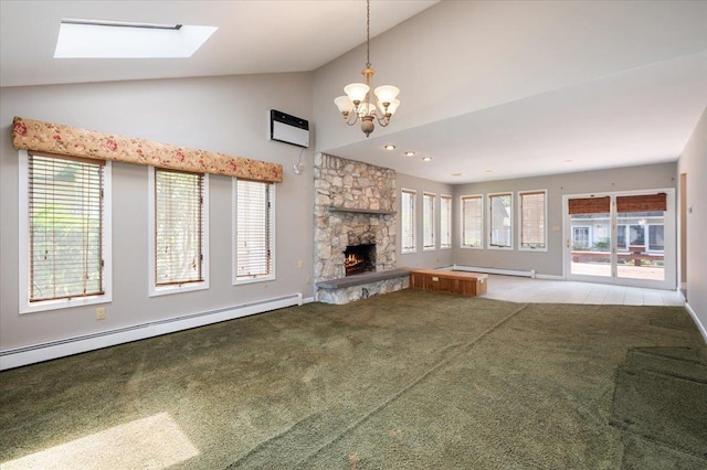 403 S 1st St, Lindenhurst, NY 11757 - unfurnished living room featuring carpet, a baseboard heating unit, baseboard heating, a chandelier, and a fireplace