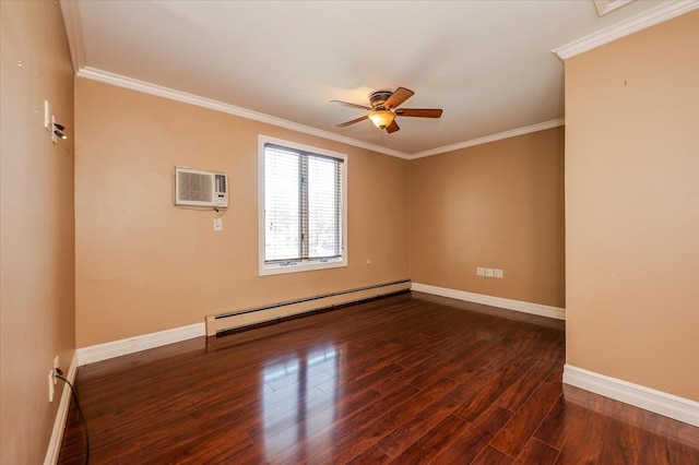 403 S 1st St, Lindenhurst, NY 11757 - empty room with a baseboard heating unit, a wall unit AC, ceiling fan, wood finished floors, and crown molding