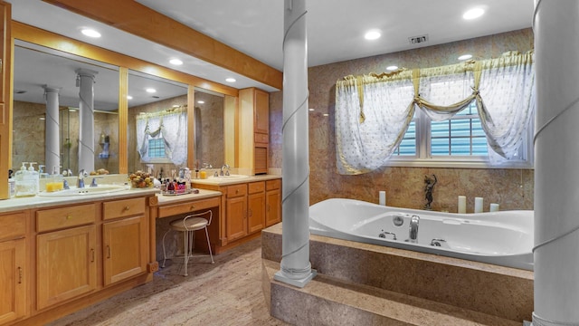 59 Lidge Dr, Farmingville, NY 11738 - bathroom with vanity, a tub with jets, and recessed lighting