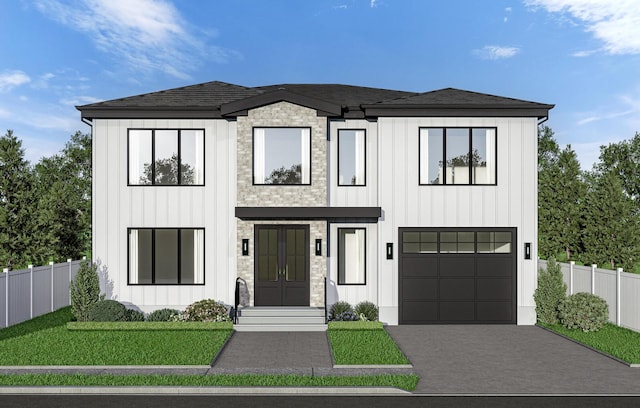 22 Chapel Ln, Levittown, NY 11756 - modern inspired farmhouse featuring french doors, driveway, an attached garage, board and batten siding, and stone siding