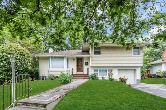 21 Mellow Ln, Jericho, NY 11753 - split level home featuring a garage, driveway, a front lawn, and a chimney