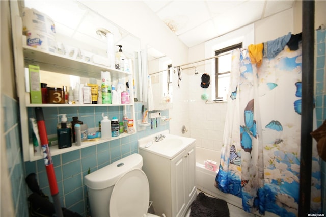 40-45 99th St, Corona, NY 11368 - bathroom featuring shower / bath combination with curtain, tile walls, and vanity