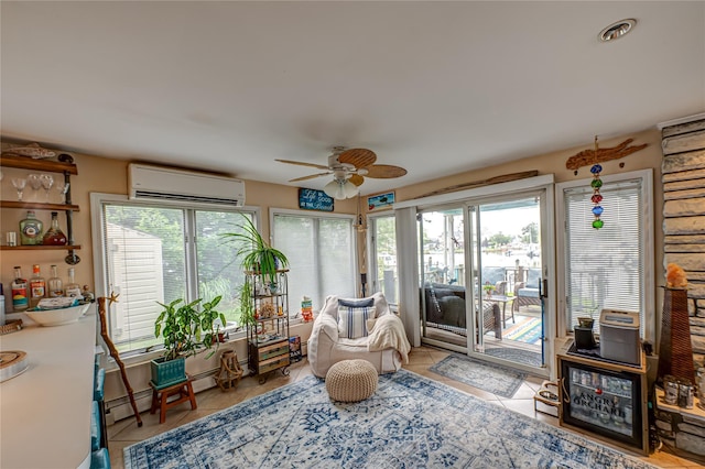 510 S Great Neck Rd, Copiague, NY 11726 - living area with an AC wall unit, healthy amount of natural light, ceiling fan, and tile patterned floors