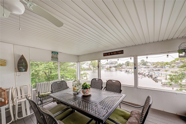 510 S Great Neck Rd, Copiague, NY 11726 - sunroom / solarium with a water view, outdoor dining area, and a ceiling fan