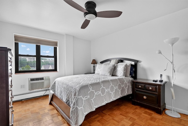 505 Central Ave Unit 408, White Plains, NY 10606 - bedroom featuring a baseboard heating unit, a wall unit AC, and ceiling fan