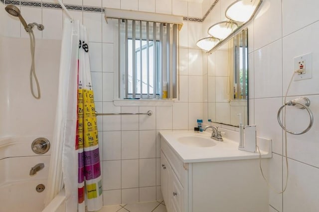 118 Pine Neck Ave, East Patchogue, NY 11772 - bathroom with tile walls, vanity, and shower / bathtub combination with curtain