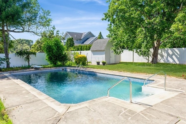 118 Pine Neck Ave, East Patchogue, NY 11772 - view of swimming pool with a fenced backyard, a shed, and a patio area
