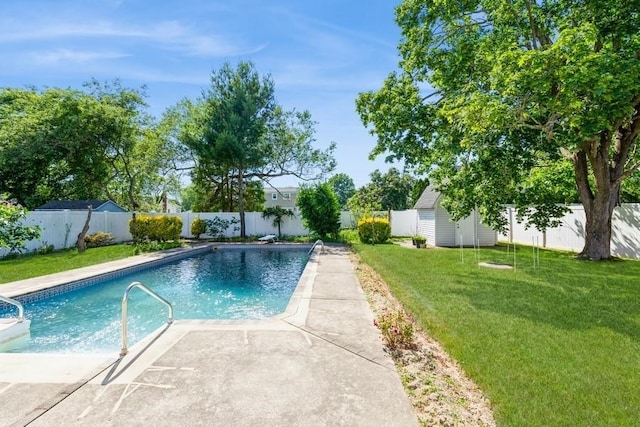 118 Pine Neck Ave, East Patchogue, NY 11772 - view of swimming pool featuring a shed and a fenced backyard