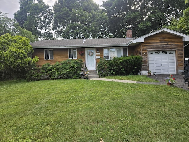 106 Montrose Dr, Port Jefferson Station, NY 11776 - ranch-style house featuring a chimney, a garage, a front lawn, and entry steps