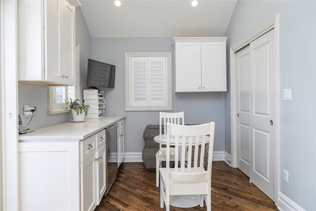 87 Arizona Ave, Long Beach, NY 11561 - kitchen featuring dark wood finished floors, white cabinetry, and recessed lighting