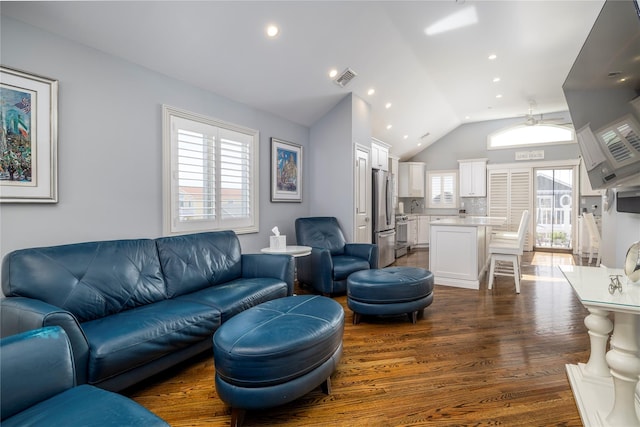 87 Arizona Ave, Long Beach, NY 11561 - living room featuring wood finished floors, recessed lighting, and high vaulted ceiling