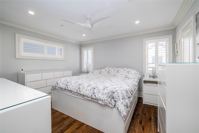 87 Arizona Ave, Long Beach, NY 11561 - bedroom with ornamental molding, recessed lighting, dark wood-style flooring, and a ceiling fan