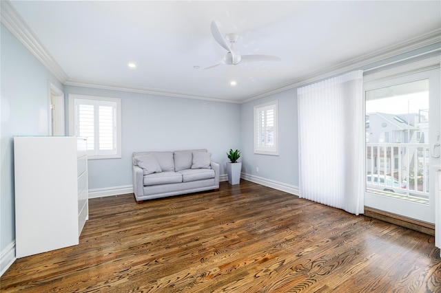 87 Arizona Ave, Long Beach, NY 11561 - sitting room featuring crown molding, dark wood-style flooring, a ceiling fan, and recessed lighting