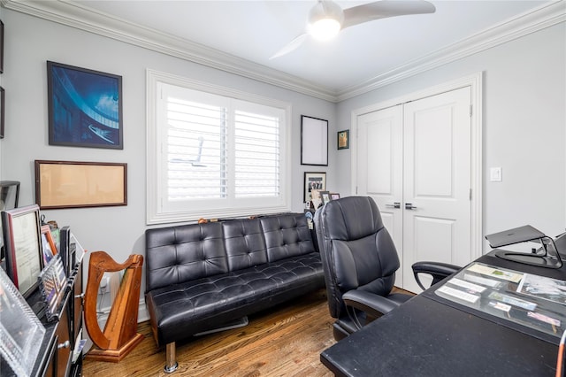 87 Arizona Ave, Long Beach, NY 11561 - office featuring crown molding, a ceiling fan, and wood finished floors