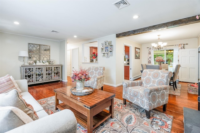 63 Lake Walton Rd, Wappingers Falls, NY 12590 - living room with a chandelier, recessed lighting, wood finished floors, and baseboard heating