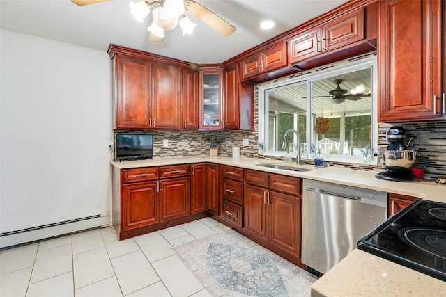 63 Lake Walton Rd, Wappingers Falls, NY 12590 - kitchen with dishwasher, a ceiling fan, backsplash, and dark brown cabinets