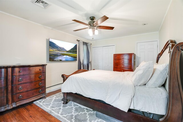 63 Lake Walton Rd, Wappingers Falls, NY 12590 - bedroom with dark wood-type flooring, ornamental molding, ceiling fan, and a closet