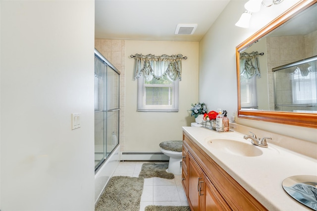 63 Lake Walton Rd, Wappingers Falls, NY 12590 - full bathroom featuring a baseboard radiator, double vanity, tile patterned floors, and bath / shower combo with glass door