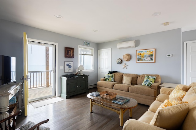 22 Creek Rd, Wading River, NY 11792 - living area with an AC wall unit, wood finished floors, a baseboard radiator, and recessed lighting