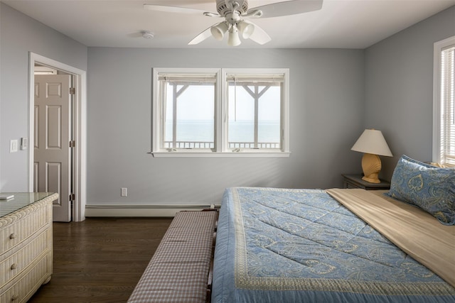 22 Creek Rd, Wading River, NY 11792 - bedroom with a baseboard radiator, dark wood finished floors, and a ceiling fan