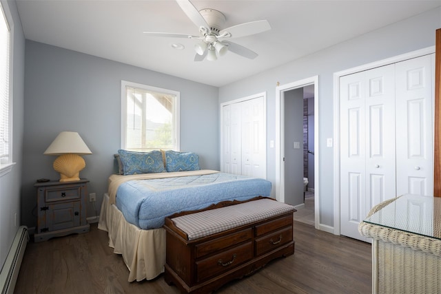 22 Creek Rd, Wading River, NY 11792 - bedroom with a baseboard heating unit, multiple closets, dark wood-type flooring, and ceiling fan