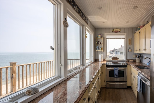 22 Creek Rd, Wading River, NY 11792 - kitchen with stainless steel appliances, a water view, dark wood-style flooring, wood ceiling, and cream cabinetry