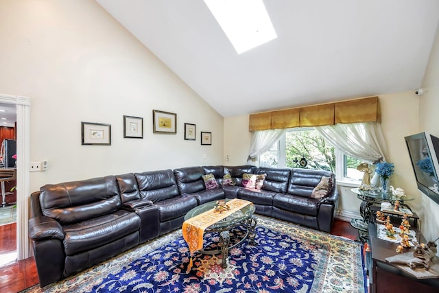 118 Grant Ave, Albertson, NY 11507 - living area featuring high vaulted ceiling, a skylight, and wood finished floors