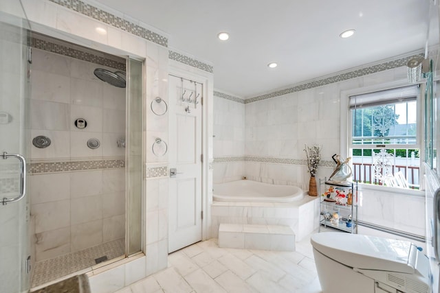 118 Grant Ave, Albertson, NY 11507 - bathroom with a stall shower, a garden tub, recessed lighting, tile walls, and ornamental molding