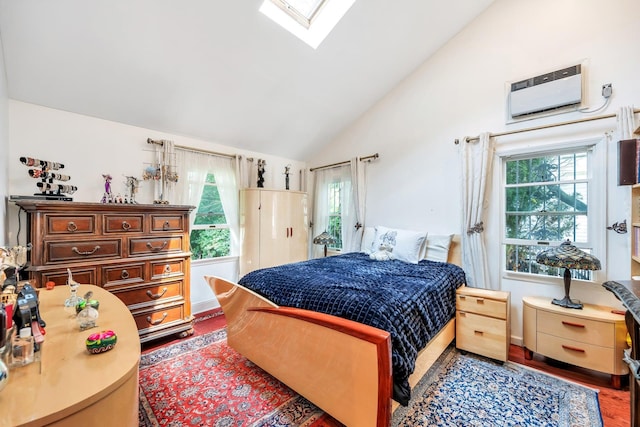 118 Grant Ave, Albertson, NY 11507 - bedroom with vaulted ceiling, a skylight, multiple windows, wood finished floors, and a wall mounted AC